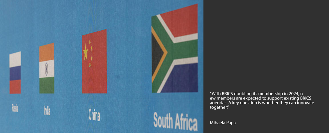 Image of the BRICS flags and a quote from Mihaela Papa.