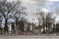 A Russian air strike on March 16 destroyed a theater in Mariupol, Ukraine