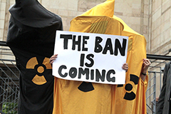 Photo of protester for the International Campaign to Abolish Nuclear Weapons