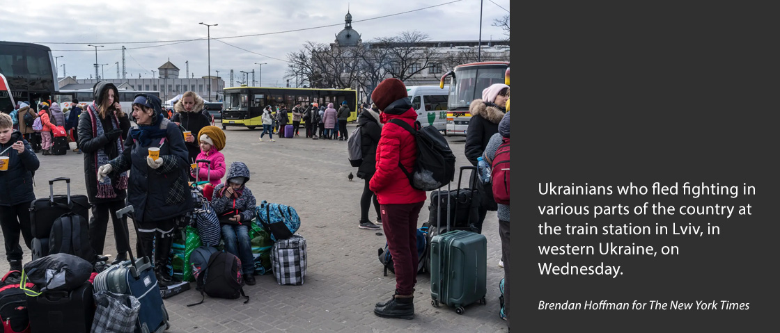 Ukrainians who fled fighting in various parts of the country at the train station in Lviv, in western Ukraine, on Wednesday.Credit...Brendan Hoffman for The New York Times