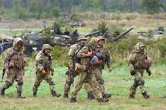 Ukrainian soldiers take part in annual joint military exercises with the US and other NATO countries near Lviv, Ukraine, on September 24, 2021, as tensions with Russia remained high over the Kremlin-backed insurgency in the country’s east. Yuriy Dyachyshyn/AFP via Getty Images