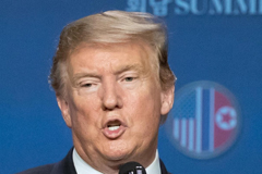 President Trump gestures as he speaks during a news conference after the Hanoi Summit in Hanoi on Feb. 28. (Seongjoon Cho/Bloomberg)