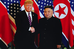  A handout photo of President Donald Trump and North Korean leader Kim Jong Un during their second summit on February 27, 2019, in Hanoi, Vietnam.  Vietnam News Agency/Handout/Getty Images 