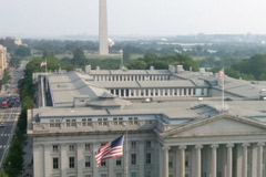 The Department of the Treasure with the Washington Monument in the background