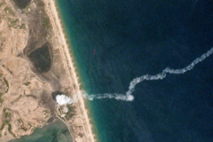 A commercial satellite image from May 4 shows what analysts at the Middlebury Institute of International Studies at Monterey in California think is the launch point and exhaust trail of a new short-range ballistic missile test in North Korea. (Reuters/Planet Labs)