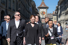 U.S. Secretary of State Mike Pompeo, front left, and his wife Suzan, front center, listen to a tourist guide during a sightseeing walk as part of Pompeo’s visit in Bern, Switzerland, Saturday, June 1, 2019.(Peter Klaunzer/Keystone via AP) (Associated Press)