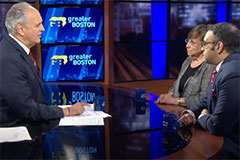 Jim Braude, Carol Saivetz, Gautam Mukunda on the set of Greater Boston