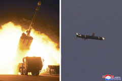 Long-range cruise missiles are tested in North Korea in these photos released Monday. | KCNA / VIA REUTERS