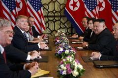 President Donald Trump speaks during a meeting with North Korean leader Kim Jong Un, in Hanoi, Vietnam, Feb. 28, 2019.