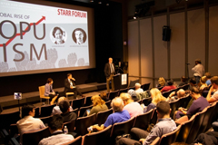 Richard Samuels, the Ford International Professor of Political Science and director of the MIT Center for International Studies, introduces Suzanne Berger, MIT’s John M. Deutch Institute Professor, and Jan-Werner Mueller, a professor of politics at Princeton University, at MIT’s Starr Forum event on global populism, Sept. 12.