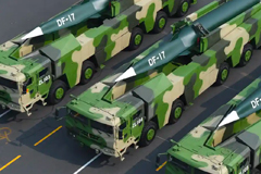 Military vehicles carrying the DF-17 hypersonic ballistic missile, capable of flying at five times the speed of sound, are seen during a parade in Beijing in October 2019. Photograph: Xinhua News Agency Handout/EPA