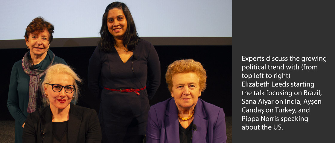 Experts discuss the growing political trend with (from top left to right)  Elizabeth Leeds starting  the talk focusing on Brazil, Sana Aiyar on India, Ayşen Candaş on Turkey, and Pippa Norris speaking about the US.